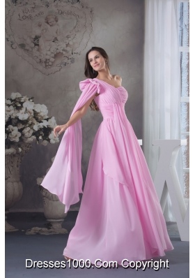 Pink One Shoulder Floor-length Prom Dress with Watteau Train