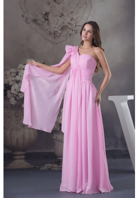 Pink One Shoulder Floor-length Prom Dress with Watteau Train