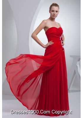 Red Floor-length Chiffon Prom Gown Dress with Appliques and Ruches