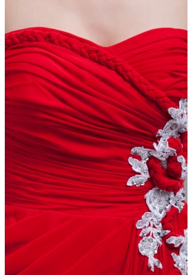 Red Floor-length Chiffon Prom Gown Dress with Appliques and Ruches