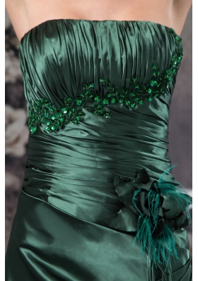 Ruched and Appliqued Hunter Green Prom Dresses with Flower