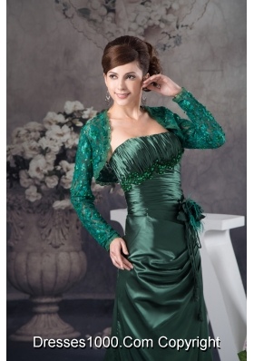 Ruched and Appliqued Hunter Green Prom Dresses with Flower