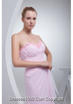 Ruched and Beaded Floor-length Chiffon Prom Gowns in Baby Pink