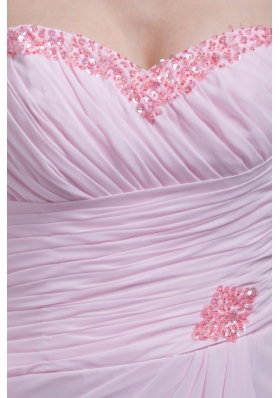 Ruched and Beaded Floor-length Chiffon Prom Gowns in Baby Pink