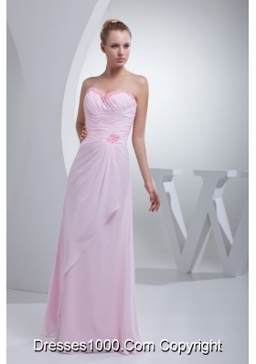 Ruched and Beaded Floor-length Chiffon Prom Gowns in Baby Pink