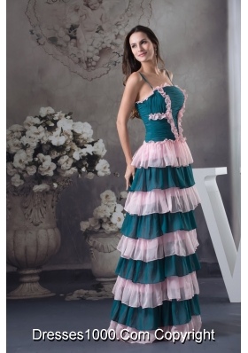 Ruched and Ruffled Teal and Pink Prom Holiday Dress with Straps