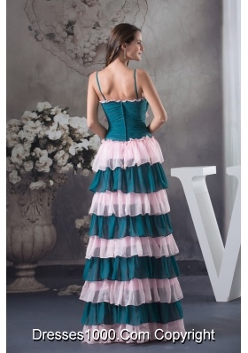 Ruched and Ruffled Teal and Pink Prom Holiday Dress with Straps