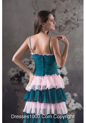 Ruched and Ruffled Teal and Pink Prom Holiday Dress with Straps