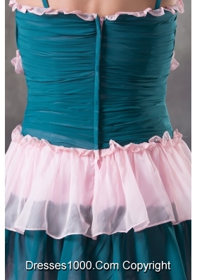 Ruched and Ruffled Teal and Pink Prom Holiday Dress with Straps