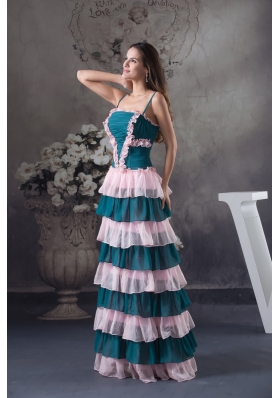 Ruched and Ruffled Teal and Pink Prom Holiday Dress with Straps