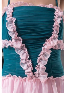 Ruched and Ruffled Teal and Pink Prom Holiday Dress with Straps