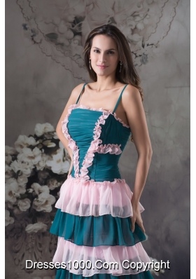 Ruched and Ruffled Teal and Pink Prom Holiday Dress with Straps