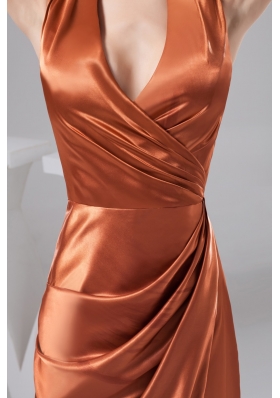 Ruched Orange Column Prom Dresses for Weddings with Surpliced V-neck