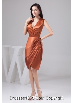 Ruched Orange Column Prom Dresses for Weddings with Surpliced V-neck