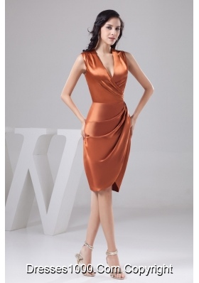 Ruched Orange Column Prom Dresses for Weddings with Surpliced V-neck