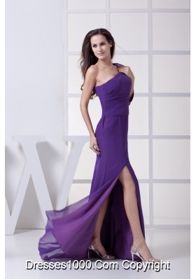 Ruched Purple Prom Graduation Dress with One Long Sleeve and High Slit