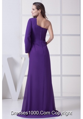 Ruched Purple Prom Graduation Dress with One Long Sleeve and High Slit