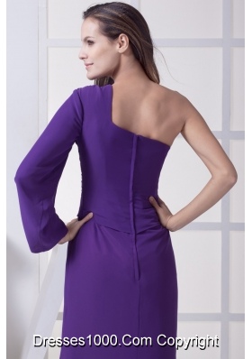 Ruched Purple Prom Graduation Dress with One Long Sleeve and High Slit