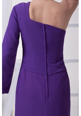 Ruched Purple Prom Graduation Dress with One Long Sleeve and High Slit