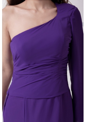 Ruched Purple Prom Graduation Dress with One Long Sleeve and High Slit