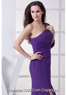 Ruched Purple Prom Graduation Dress with One Long Sleeve and High Slit