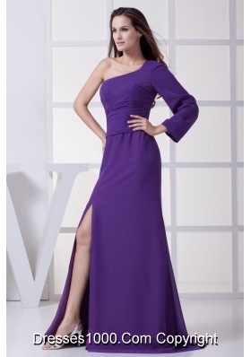 Ruched Purple Prom Graduation Dress with One Long Sleeve and High Slit