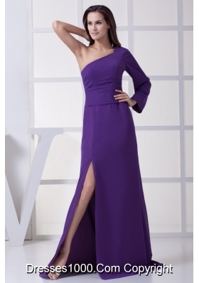 Ruched Purple Prom Graduation Dress with One Long Sleeve and High Slit