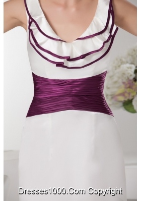 Ruches and Ruffles Accent Mini Wedding Dresses in White and Eggplant Purple