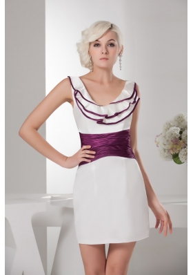 Ruches and Ruffles Accent Mini Wedding Dresses in White and Eggplant Purple