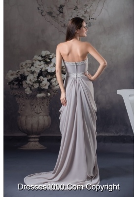 Ruffled and Beaded Grey Prom Graduation Dress with Court Train