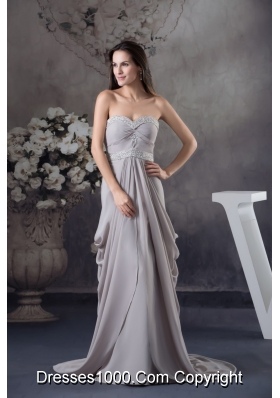 Ruffled and Beaded Grey Prom Graduation Dress with Court Train