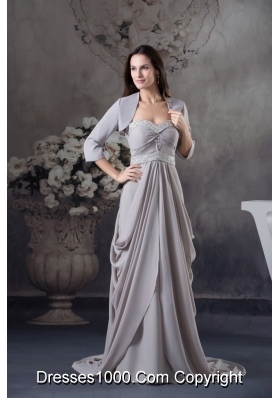 Ruffled and Beaded Grey Prom Graduation Dress with Court Train