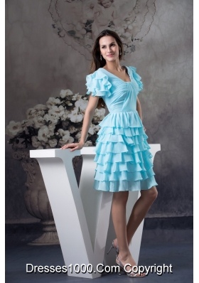 Ruffled Layers Accent Aqua Blue Prom Cocktail Dress with Short Sleeves