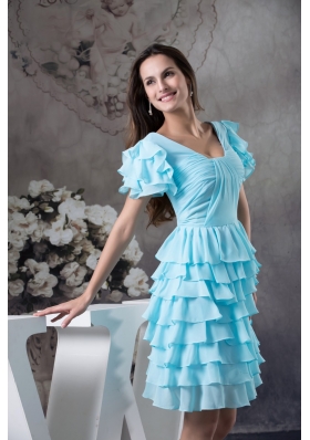 Ruffled Layers Accent Aqua Blue Prom Cocktail Dress with Short Sleeves