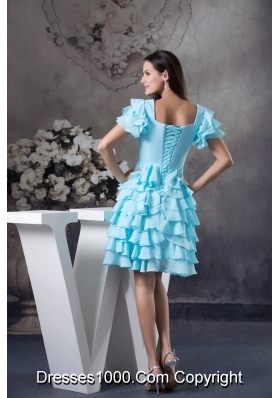 Ruffled Layers Accent Aqua Blue Prom Cocktail Dress with Short Sleeves