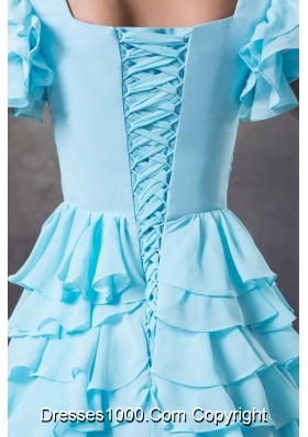 Ruffled Layers Accent Aqua Blue Prom Cocktail Dress with Short Sleeves