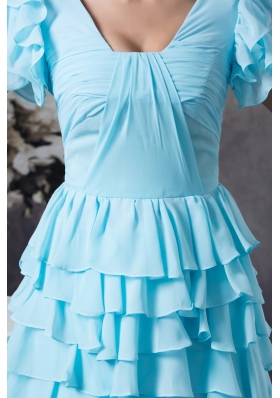 Ruffled Layers Accent Aqua Blue Prom Cocktail Dress with Short Sleeves