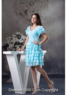 Ruffled Layers Accent Aqua Blue Prom Cocktail Dress with Short Sleeves