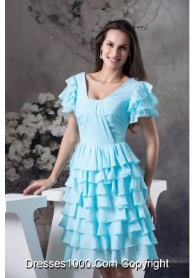 Ruffled Layers Accent Aqua Blue Prom Cocktail Dress with Short Sleeves