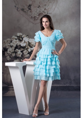 Ruffled Layers Accent Aqua Blue Prom Cocktail Dress with Short Sleeves