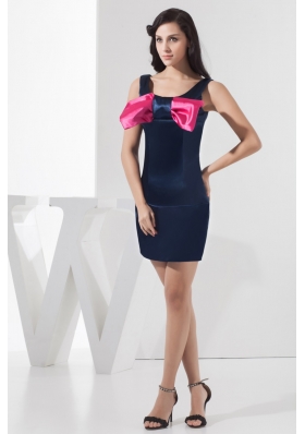 Scoop Neckline Mini-length Navy Blue Prom Dress with Bowknot