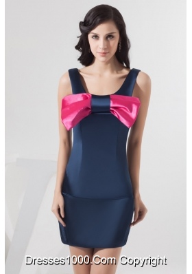 Scoop Neckline Mini-length Navy Blue Prom Dress with Bowknot