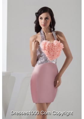 Sequins and Rolling Flowers Accent Pink Halter Prom Evening Dress