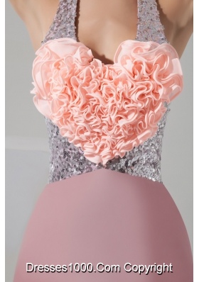 Sequins and Rolling Flowers Accent Pink Halter Prom Evening Dress