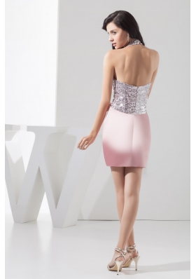 Sequins and Rolling Flowers Accent Pink Halter Prom Evening Dress