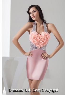 Sequins and Rolling Flowers Accent Pink Halter Prom Evening Dress