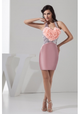 Sequins and Rolling Flowers Accent Pink Halter Prom Evening Dress