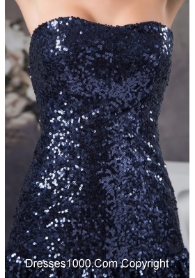 Sequins Decorate Bodice Court Train Prom Dresses in Navy Blue