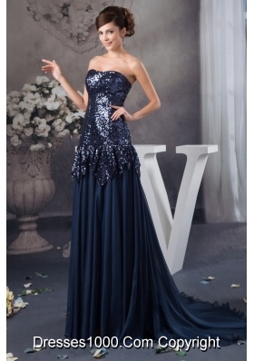 Sequins Decorate Bodice Court Train Prom Dresses in Navy Blue