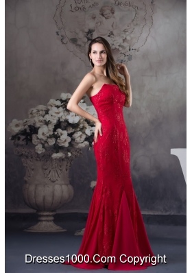 Strapless Beaded Lace Accent Floor-length Red Prom Formal Dress